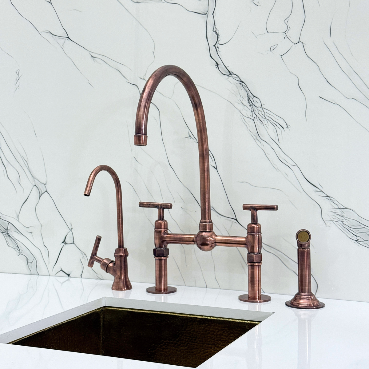 Antique Copper Bridge Kitchen Faucet with Lever Handles – Cavendish – alternate view 6