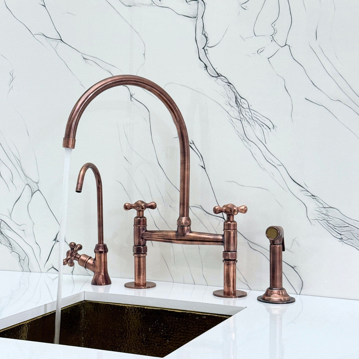 Antique Copper Bridge Kitchen Faucet with Cross Handles – Montrose – alternate view 3