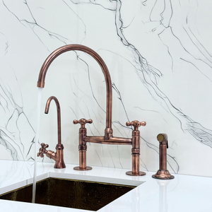 Antique Copper Bridge Kitchen Faucet with Cross Handles – Montrose – alternate view 3
