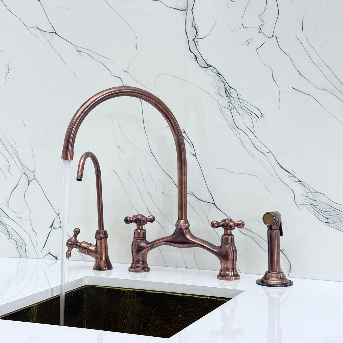 Antique Copper Bridge Kitchen Faucet with Cross Handles – Pembroke – alternate view 3
