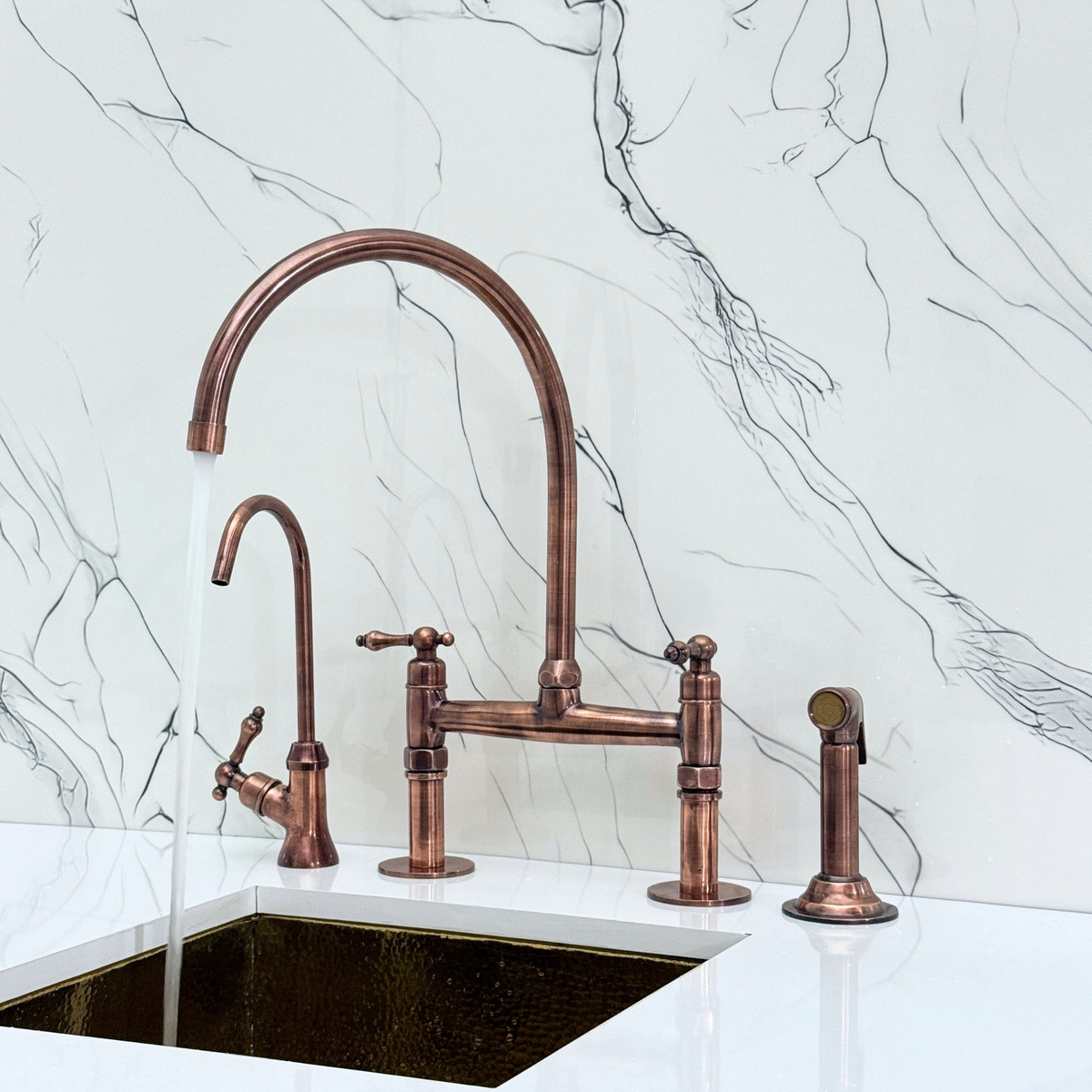 Antique Copper Bridge Kitchen Faucet with Lever Handles – Montrose – alternate view 3