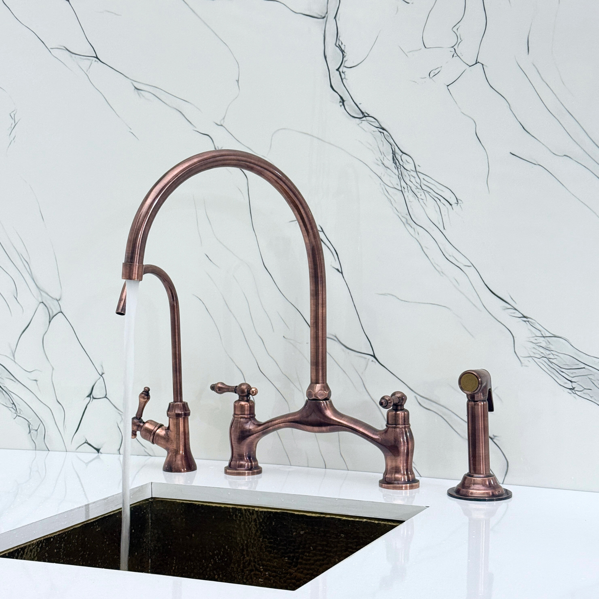 Antique Copper Bridge Kitchen Faucet with Lever Handles – Pembroke – alternate view 3