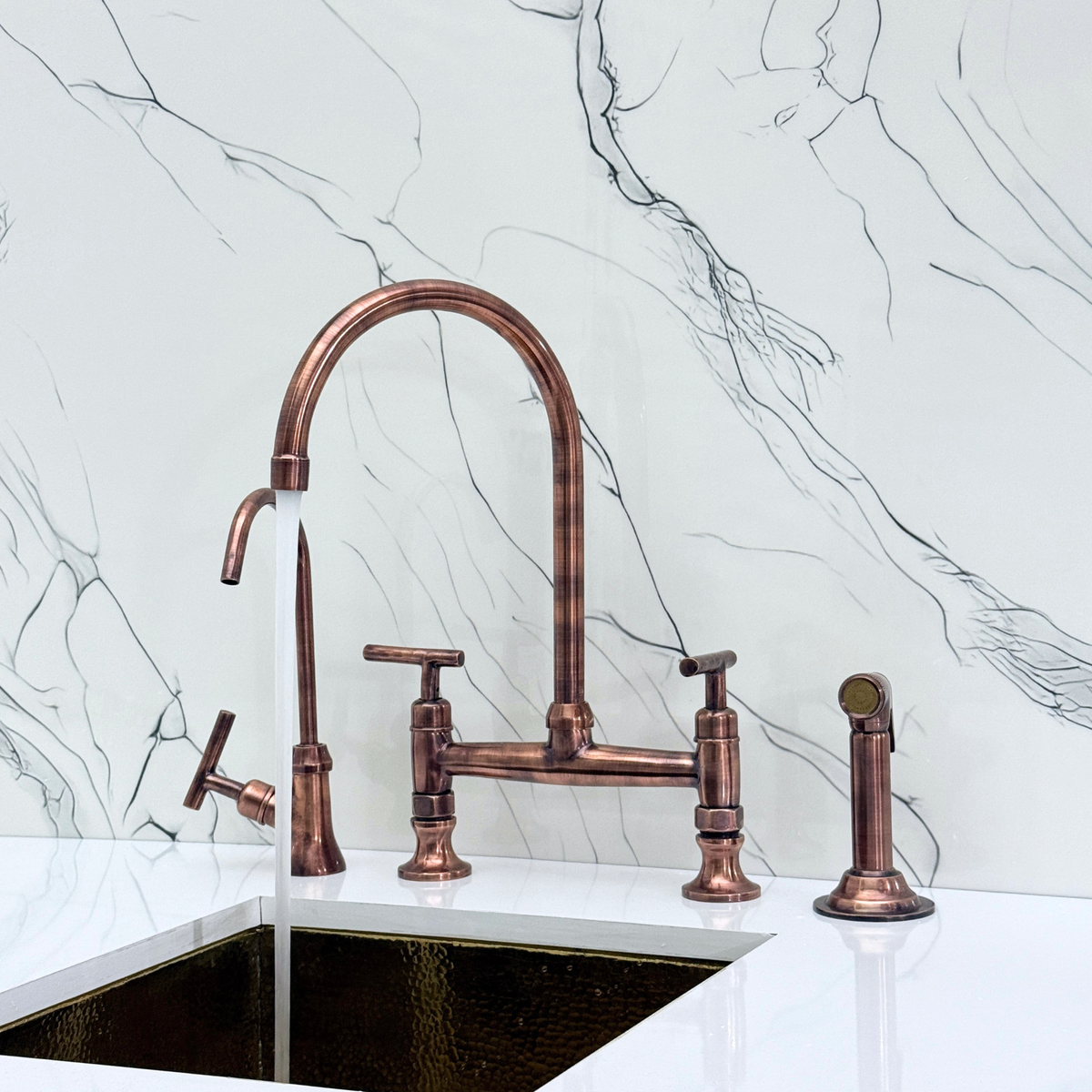 Antique Copper Bridge Kitchen Faucet with Lever Handles – Ravenscroft – alternate view 6