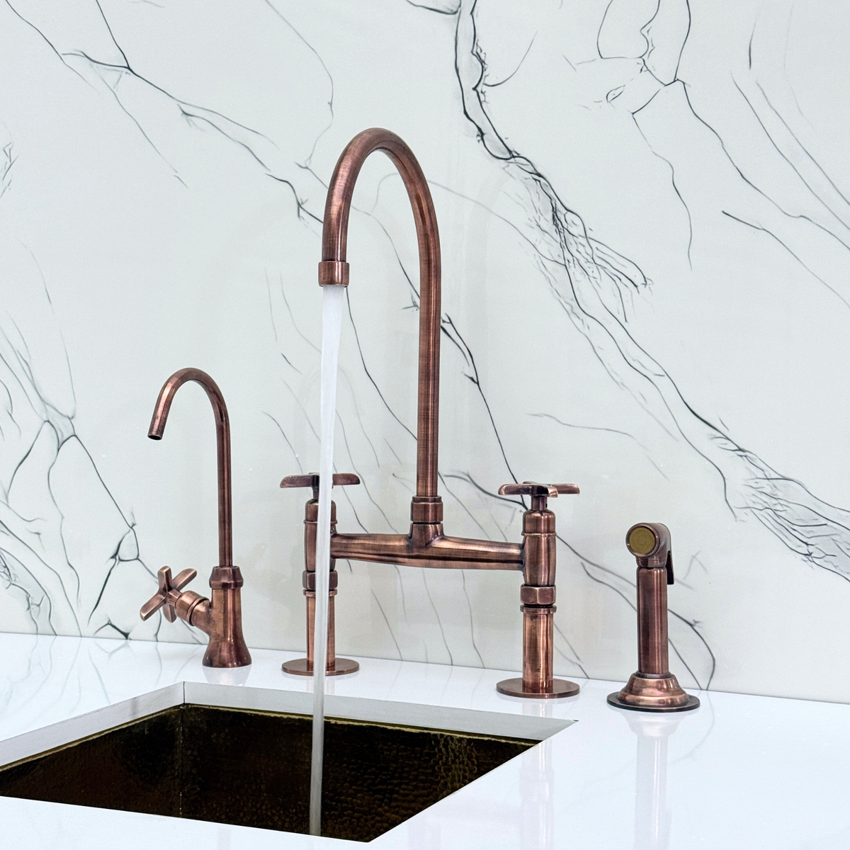 Antique Copper Bridge Kitchen Faucet with Cross Handles – Windsor – alternate view 5