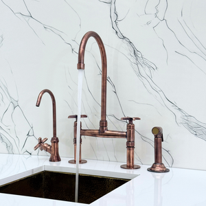 Antique Copper Bridge Kitchen Faucet with Cross Handles – Windsor – alternate view 5
