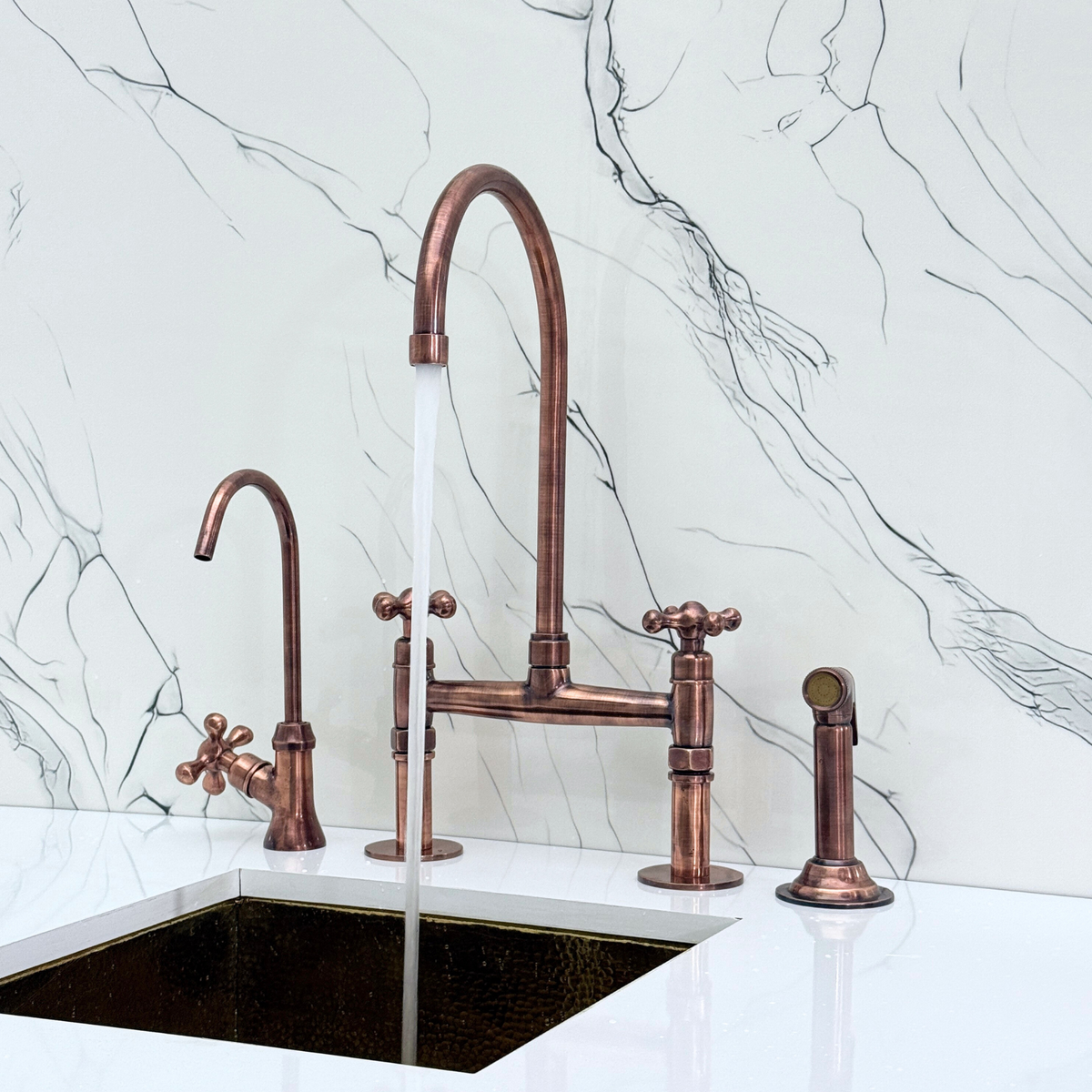 Antique Copper Bridge Kitchen Faucet with Cross Handles – Windsor – alternate view 2