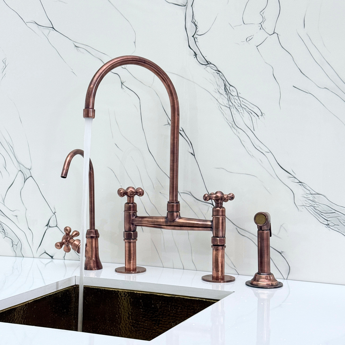 Antique Copper Bridge Kitchen Faucet with Cross Handles – Windsor – alternate view 3