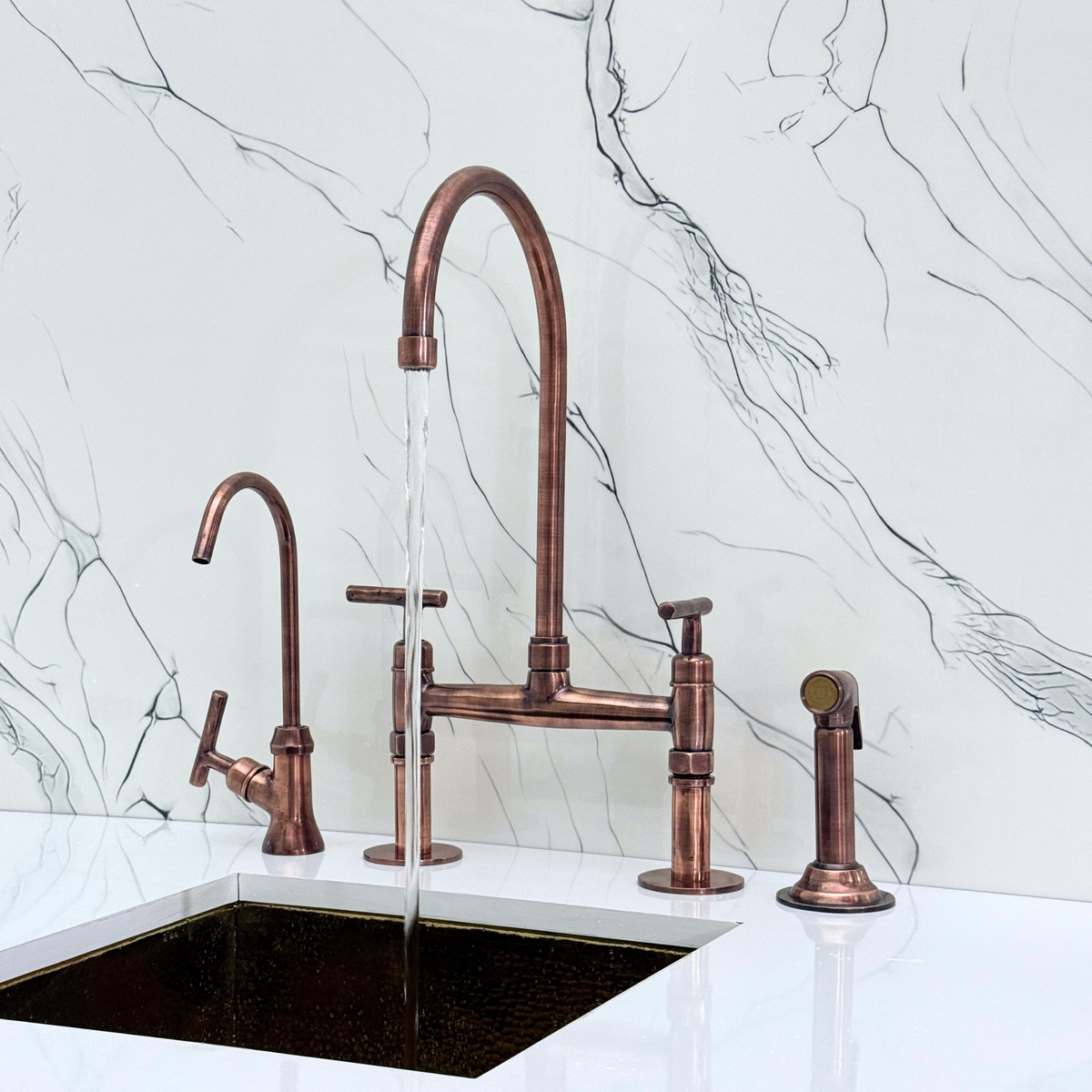 Antique Copper Bridge Kitchen Faucet with Lever Handles – Windsor – alternate view 5