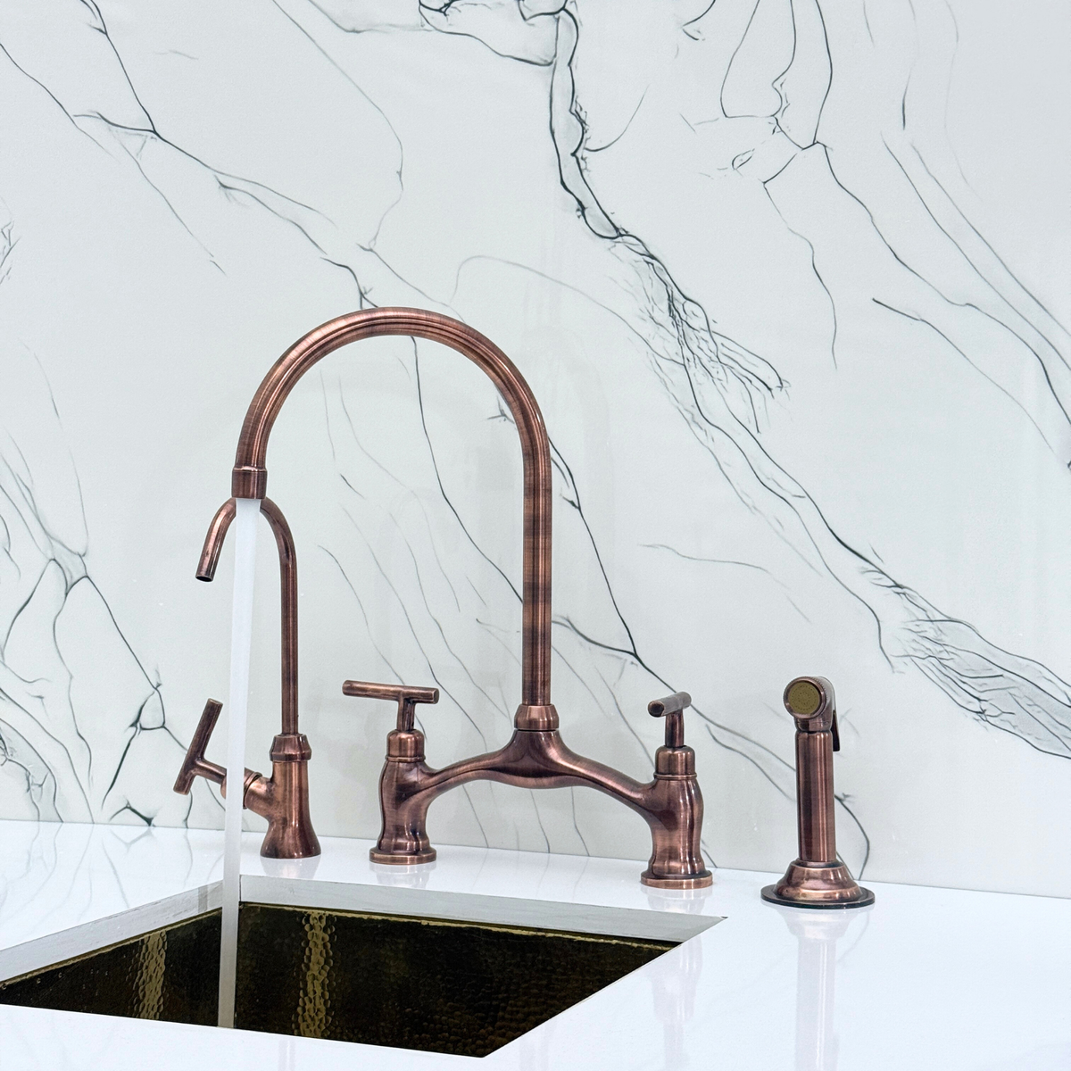 Antique Copper Bridge Kitchen Faucet with Lever Handles – Alderley – alternate view 6