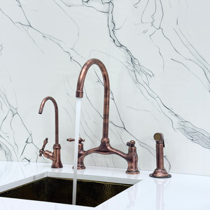 Antique Copper Bridge Kitchen Faucet with Lever Handles – Alderley – alternate view 2