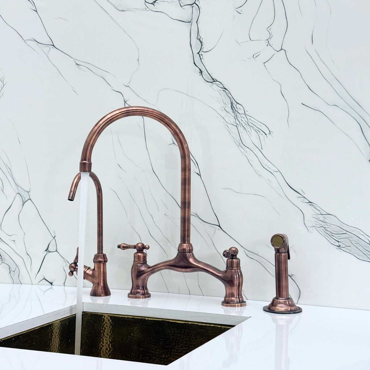 Antique Copper Bridge Kitchen Faucet with Lever Handles – Alderley – alternate view 3