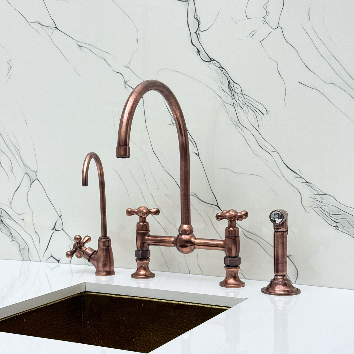 Antique Copper Vintage Bridge Kitchen Faucet with Cross Handles – Somerset – alternate view 3