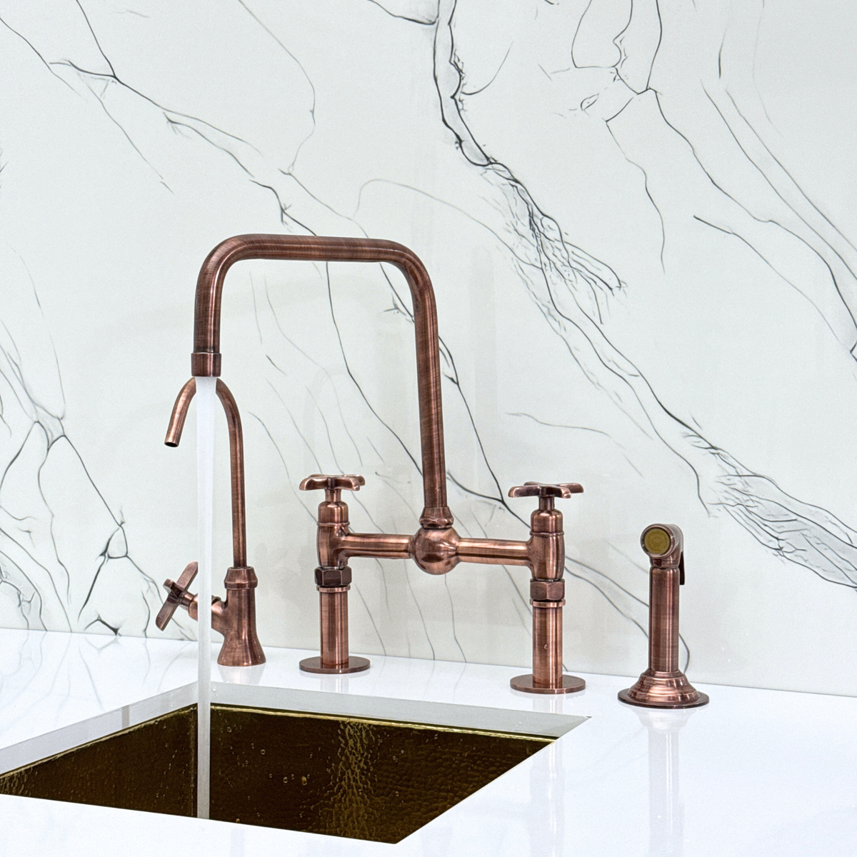 Antique Copper Classic Bridge Kitchen Faucet with Cross Handles – Grosvenor – alternate view 6