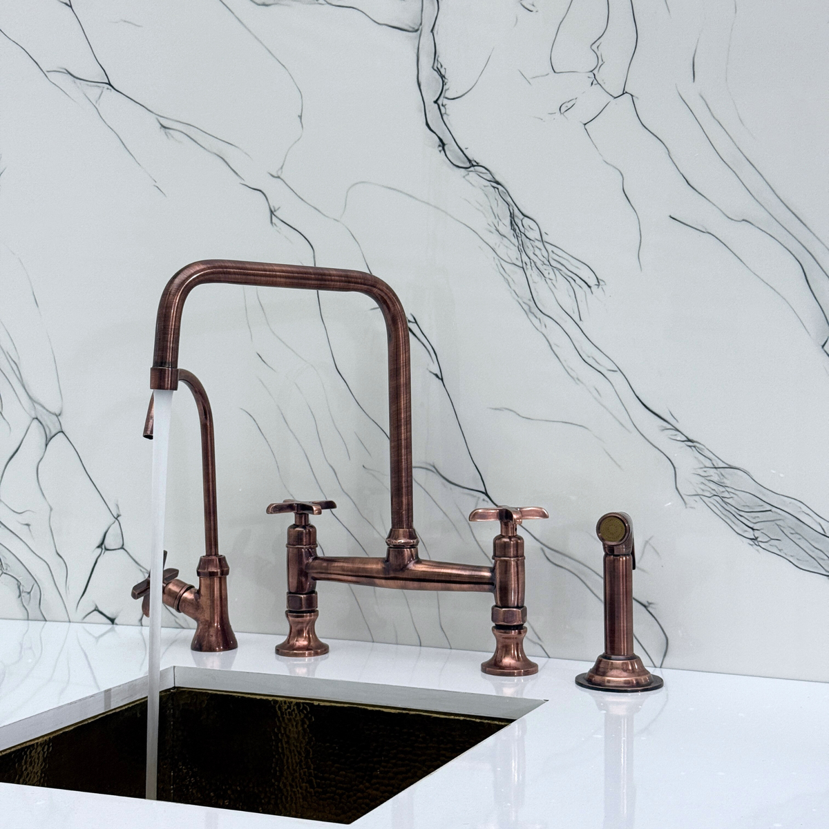 Antique Copper Classic Bridge Kitchen Faucet with Cross Handles – Whitmore – alternate view 6