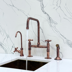 Antique Copper Classic Bridge Kitchen Faucet with Cross Handles – Lancaster – alternate view 2