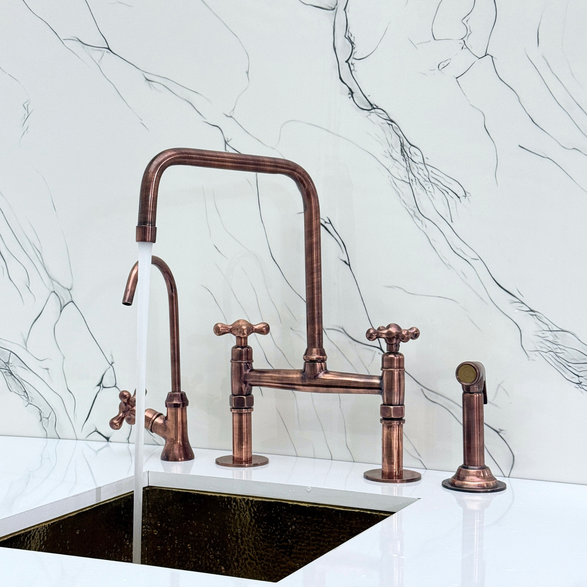 Antique Copper Classic Bridge Kitchen Faucet with Cross Handles – Lancaster – alternate view 3