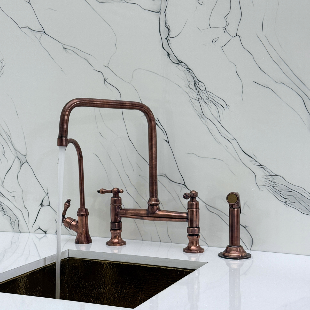 Antique Copper Classic Bridge Kitchen Faucet with Lever Handles – Whitmore – alternate view 3