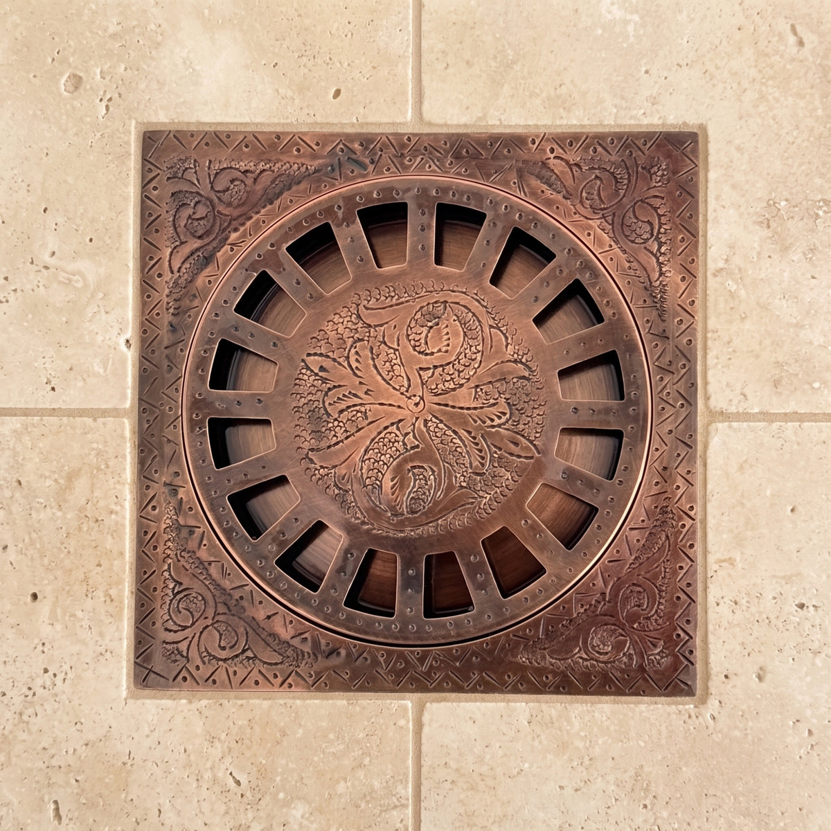 Antique Copper Engraved Shower Drain with Removable Cover, Solid Copper Square Shower Drain