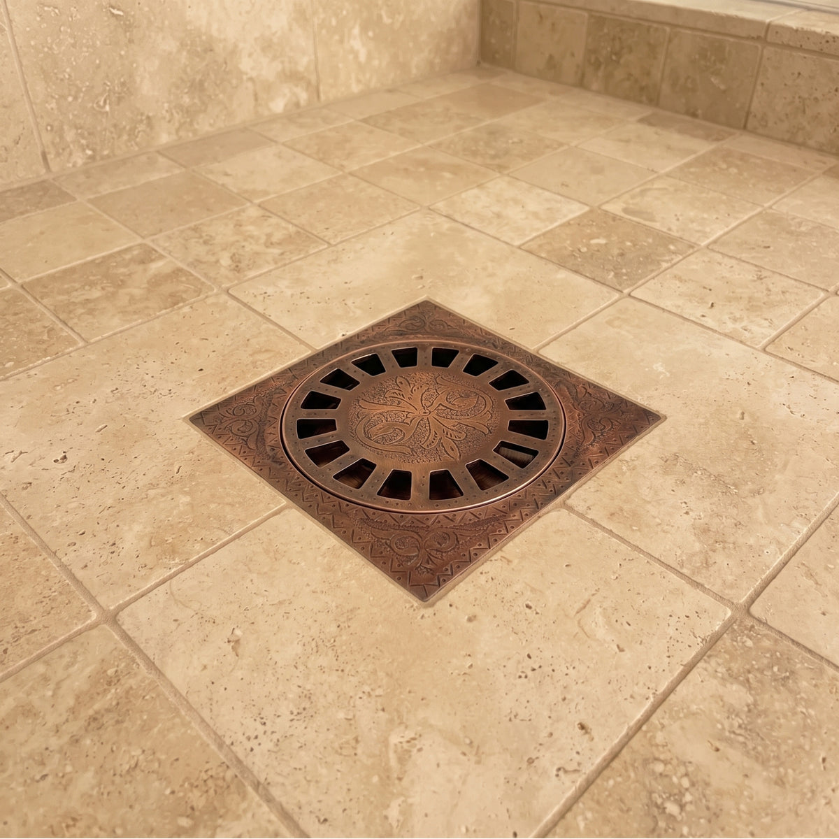 Antique Copper Engraved Shower Drain with Removable Cover, Solid Copper Square Shower Drain