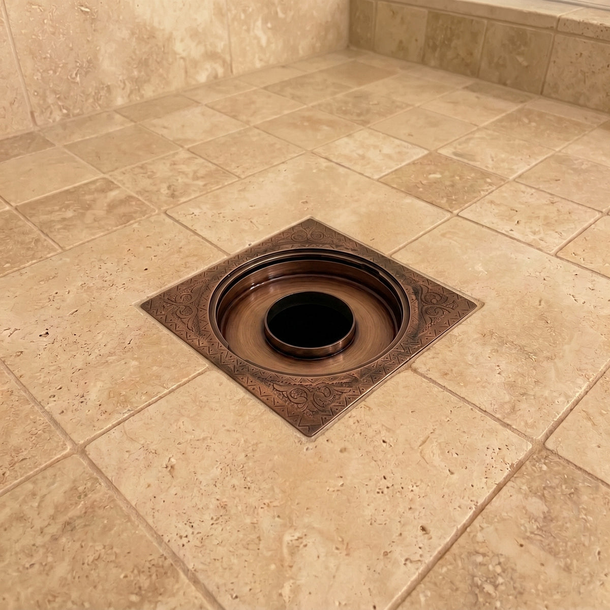 Antique Copper Engraved Shower Drain with Removable Cover, Solid Copper Square Shower Drain