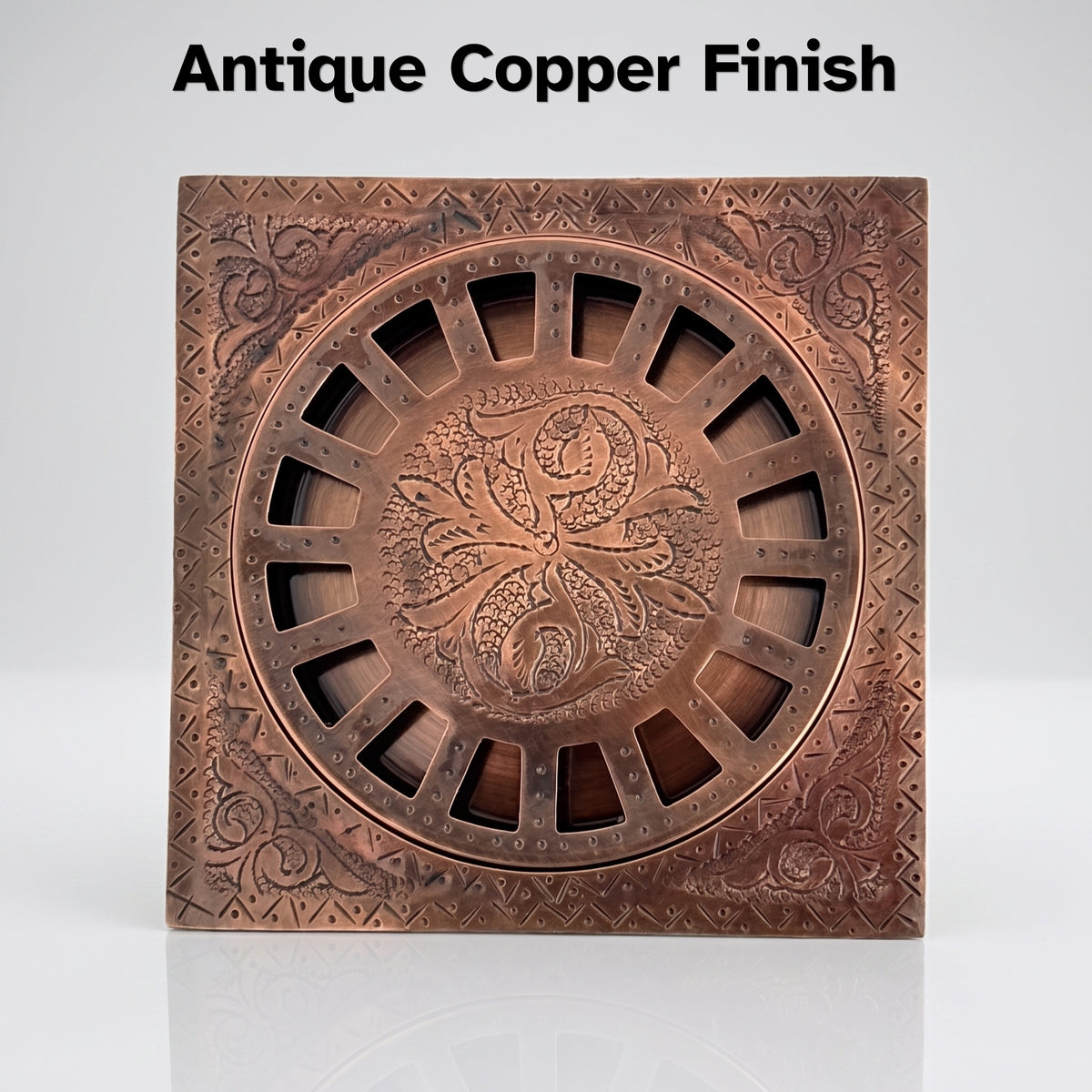 Antique Copper Engraved Shower Drain with Removable Cover, Solid Copper Square Shower Drain