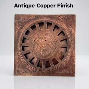 Antique Copper Engraved Shower Drain with Removable Cover, Solid Copper Square Shower Drain