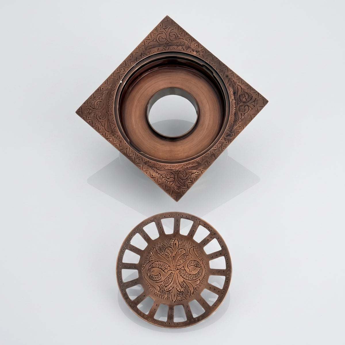 Antique Copper Engraved Shower Drain with Removable Cover, Solid Copper Square Shower Drain