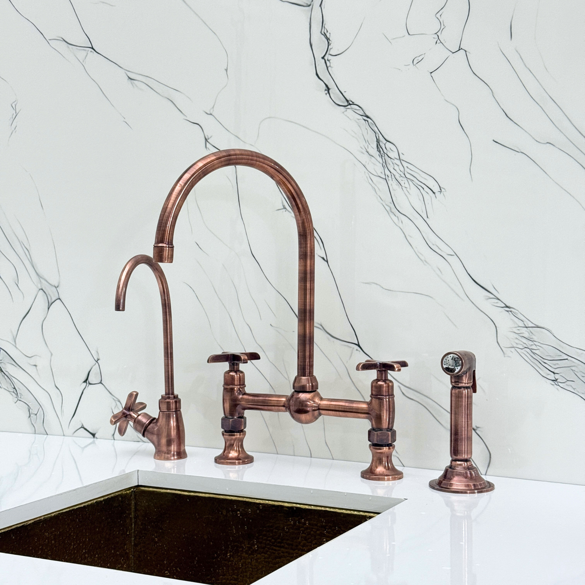 Antique Copper Bridge Kitchen Faucet with Cross Handles – Ellington – alternate view 6