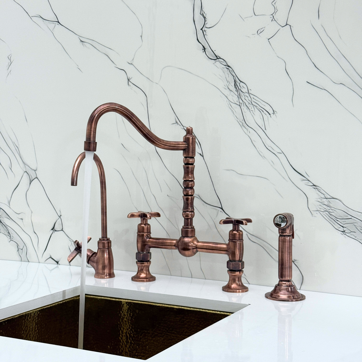 Antique Copper Victorian Bridge Kitchen Faucet with Cross Handles – Finsbury – alternate view 6