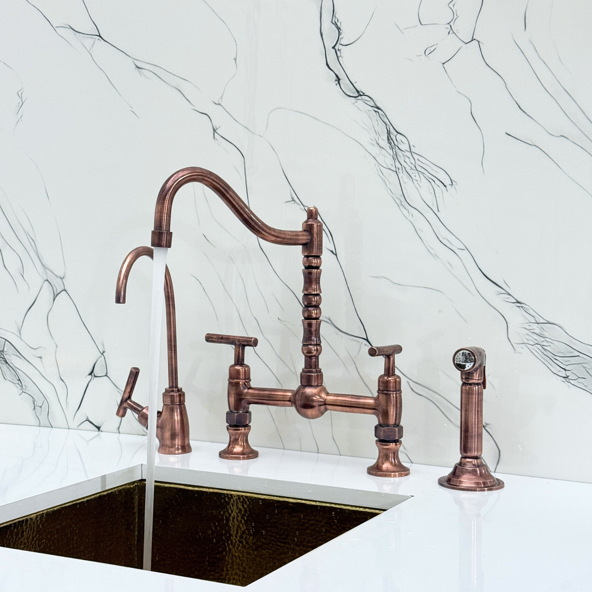 Antique Copper Victorian Bridge Kitchen Faucet with Lever Handles – Finsbury – alternate view 6