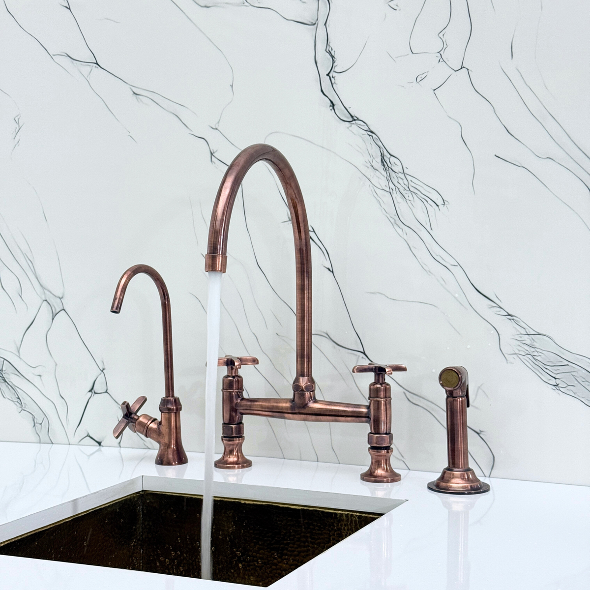 Antique Copper Bridge Kitchen Faucet with Cross Handles – Regent – alternate view 5