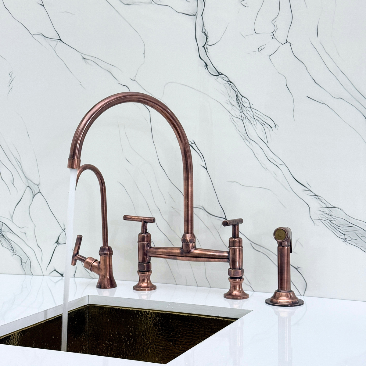 Antique Copper Bridge Kitchen Faucet with Lever Handles – Regent – alternate view 6