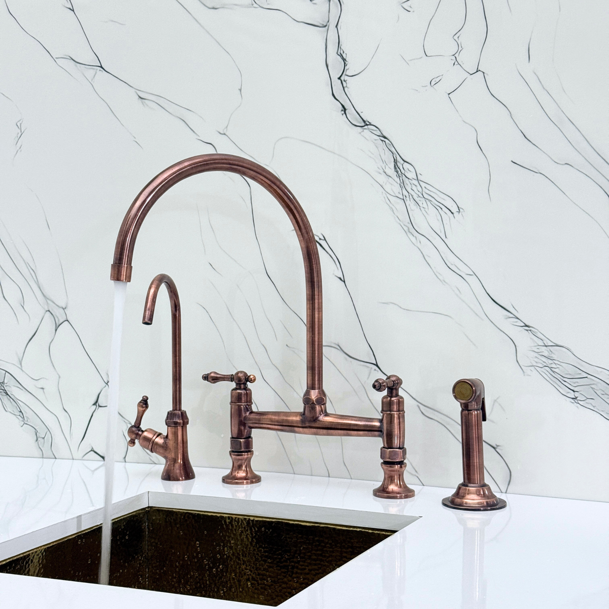 Antique Copper Bridge Kitchen Faucet with Lever Handles – Regent – alternate view 3