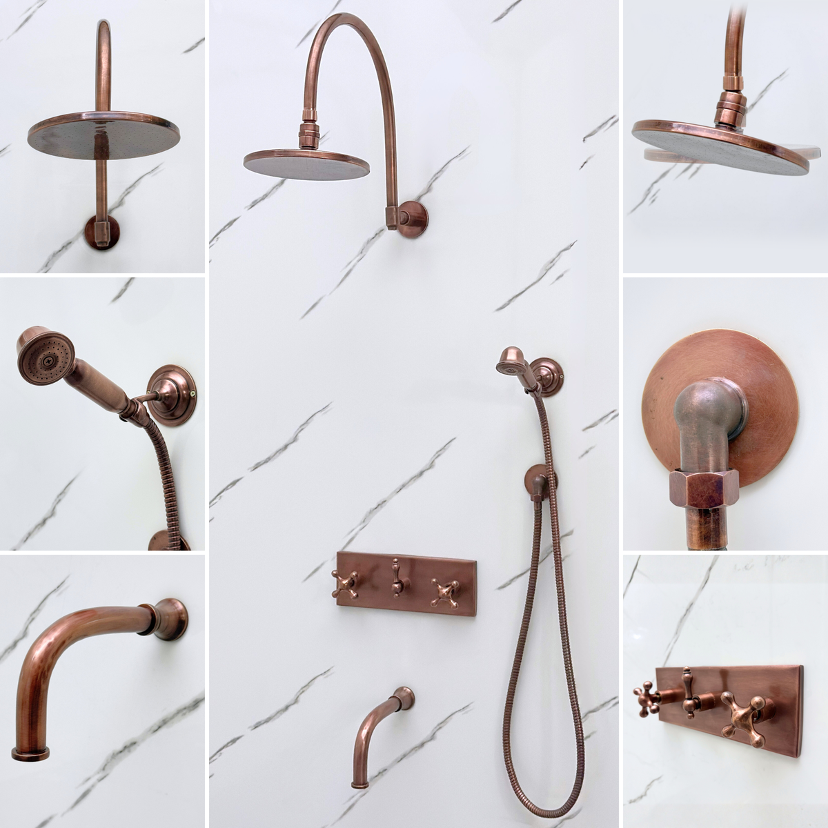 Antique Copper Adjustable Flat Round Rain Shower System with Handheld & Tub Filler — Arcuate arm (ACCSS-014) — detail view 2