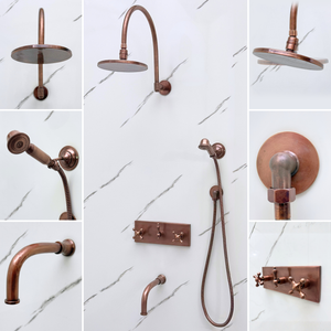Antique Copper Adjustable Flat Round Rain Shower System with Handheld & Tub Filler — Arcuate arm (ACCSS-014) — detail view 2