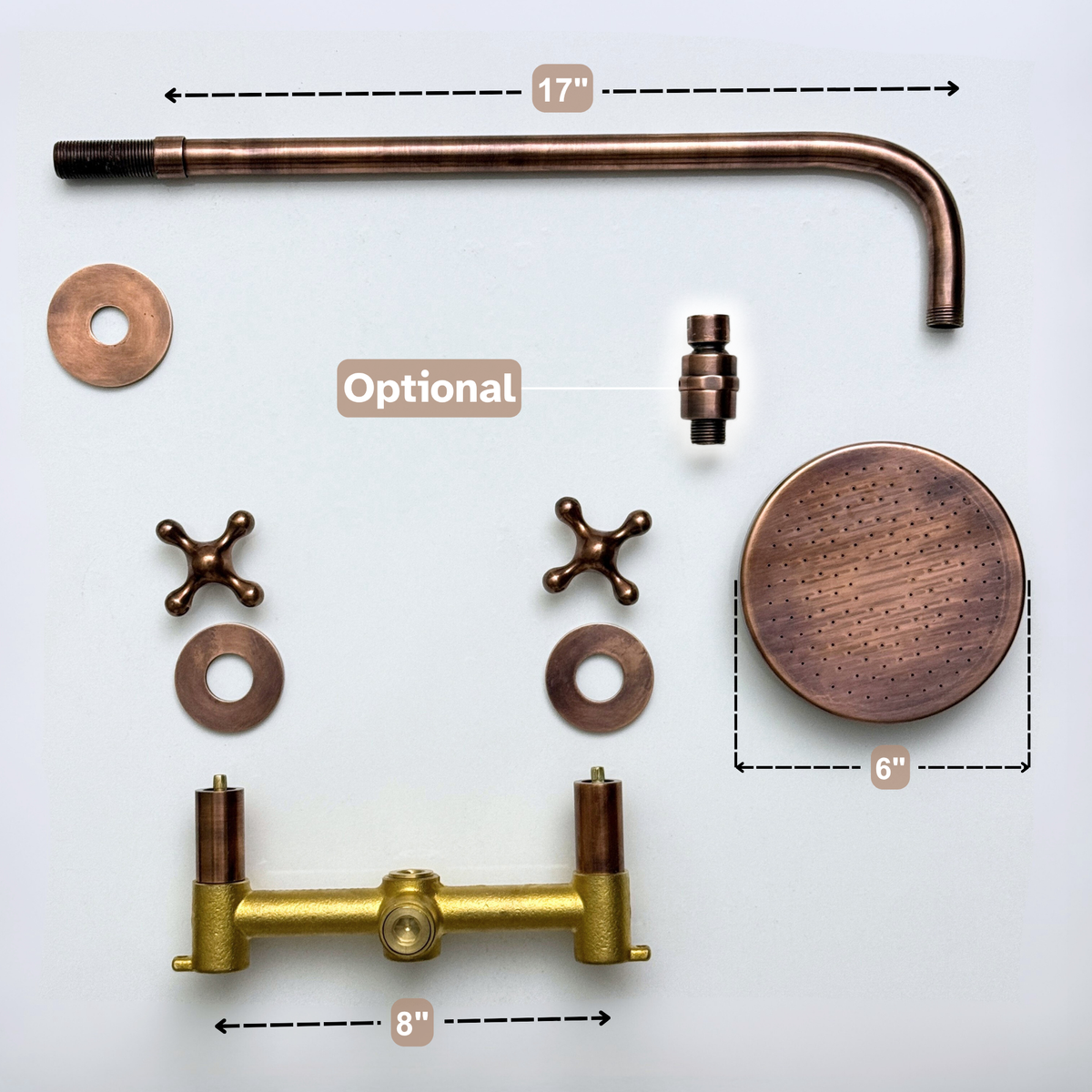 Antique Copper Adjustable Flat Round Rain Shower System — Straight arm (ACCSS-004) — detail view 12