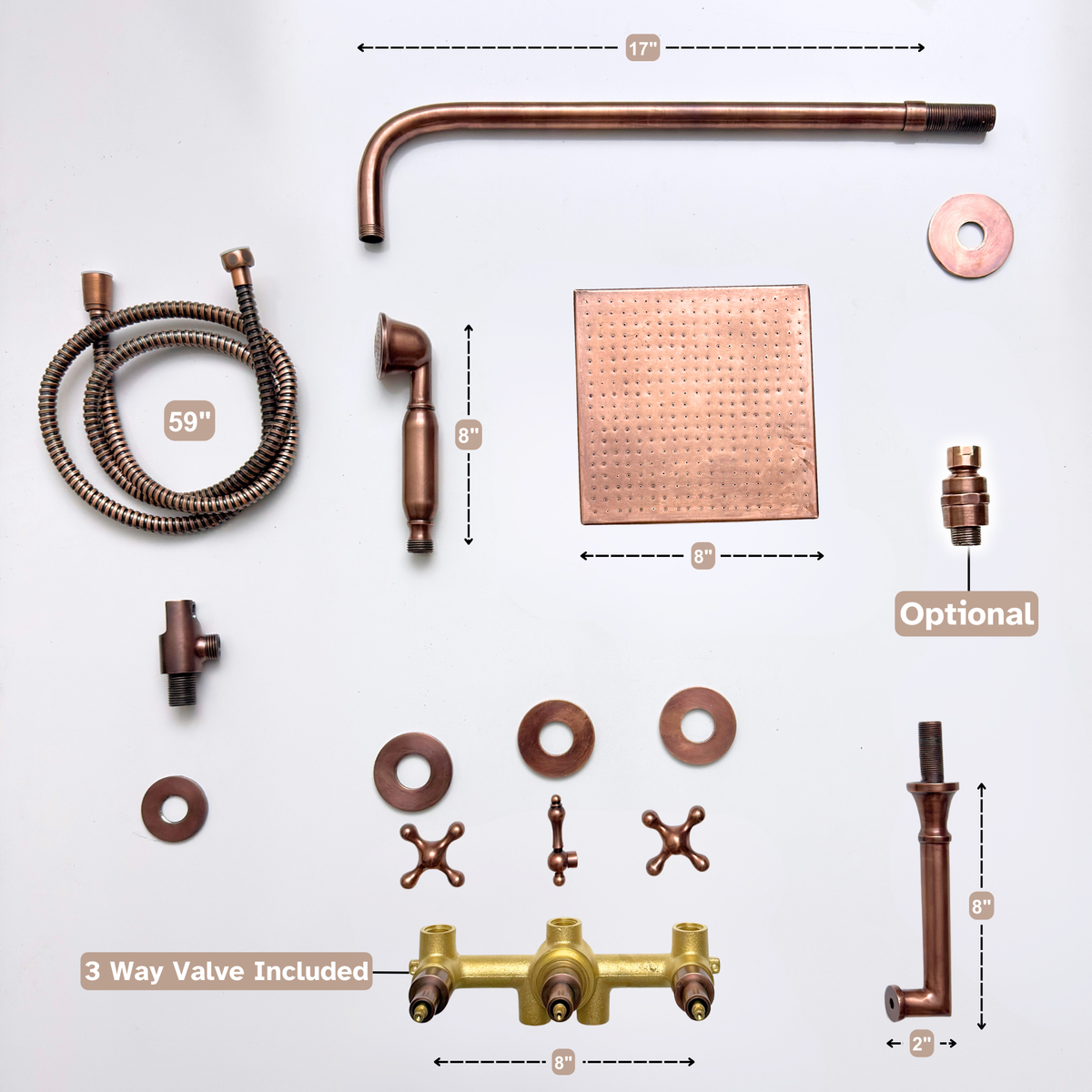 Antique Copper Adjustable Square Rain Shower System with Handheld & Tub Filler — Straight arm (ACCSS-016) — detail view 16