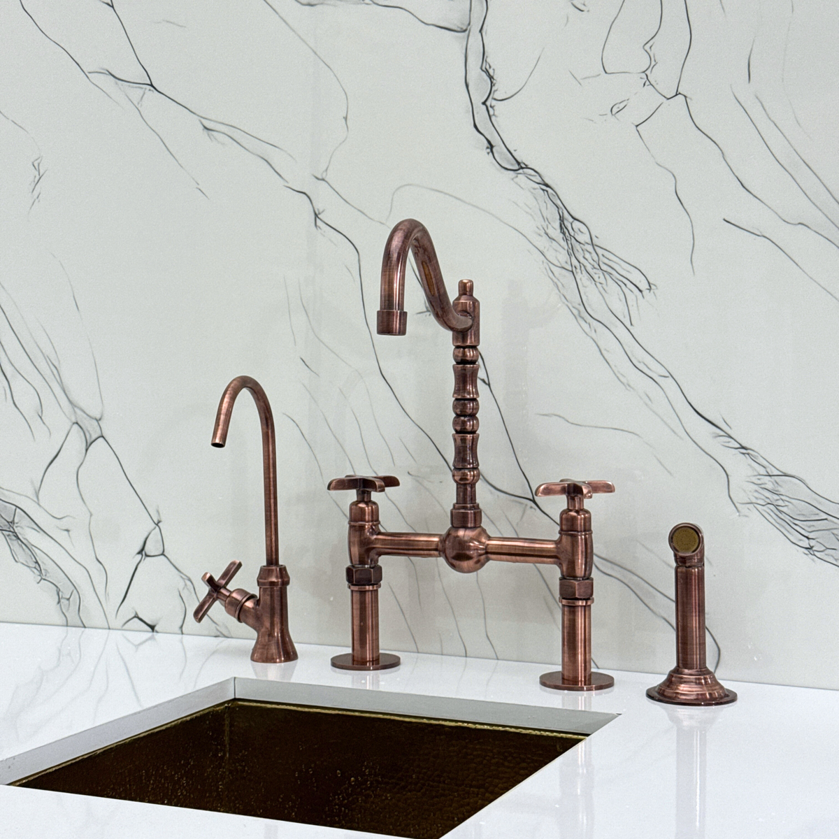 Antique Copper Victorian Bridge Kitchen Faucet with Cross Handles – Beaumont – alternate view 6