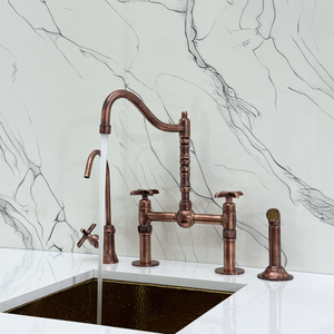 Antique Copper Victorian Bridge Kitchen Faucet with Cross Handles – Beaumont – alternate view 5