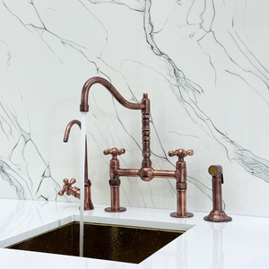 Antique Copper Victorian Bridge Kitchen Faucet with Cross Handles – Beaumont – alternate view 2