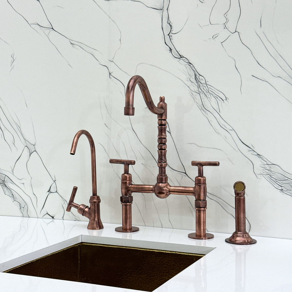 Antique Copper Victorian Bridge Kitchen Faucet with Lever Handles – Beaumont – alternate view 6
