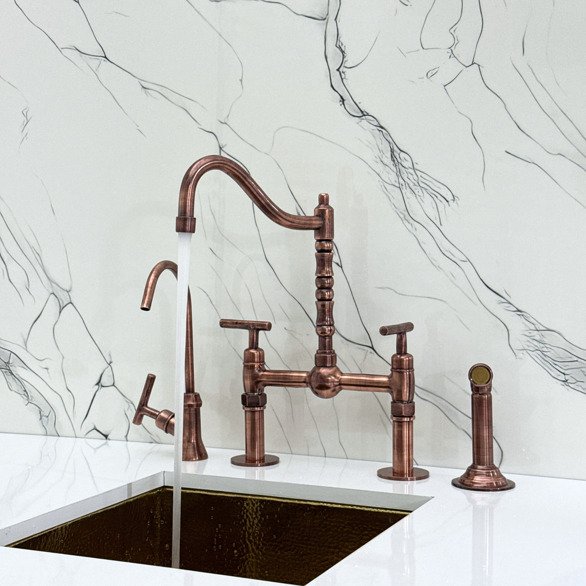 Antique Copper Victorian Bridge Kitchen Faucet with Lever Handles – Beaumont – alternate view 5
