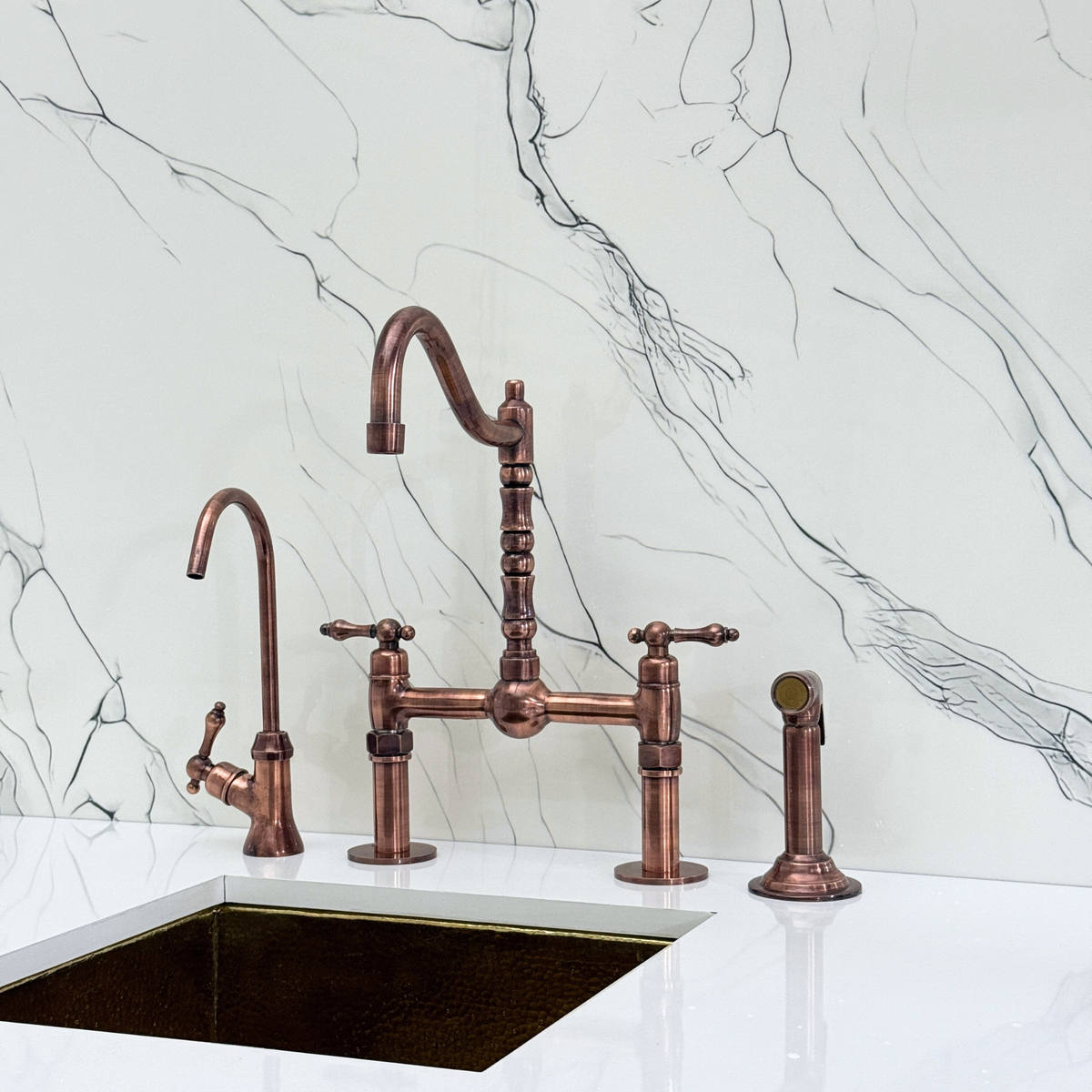 Antique Copper Victorian Bridge Kitchen Faucet with Lever Handles – Beaumont – alternate view 4