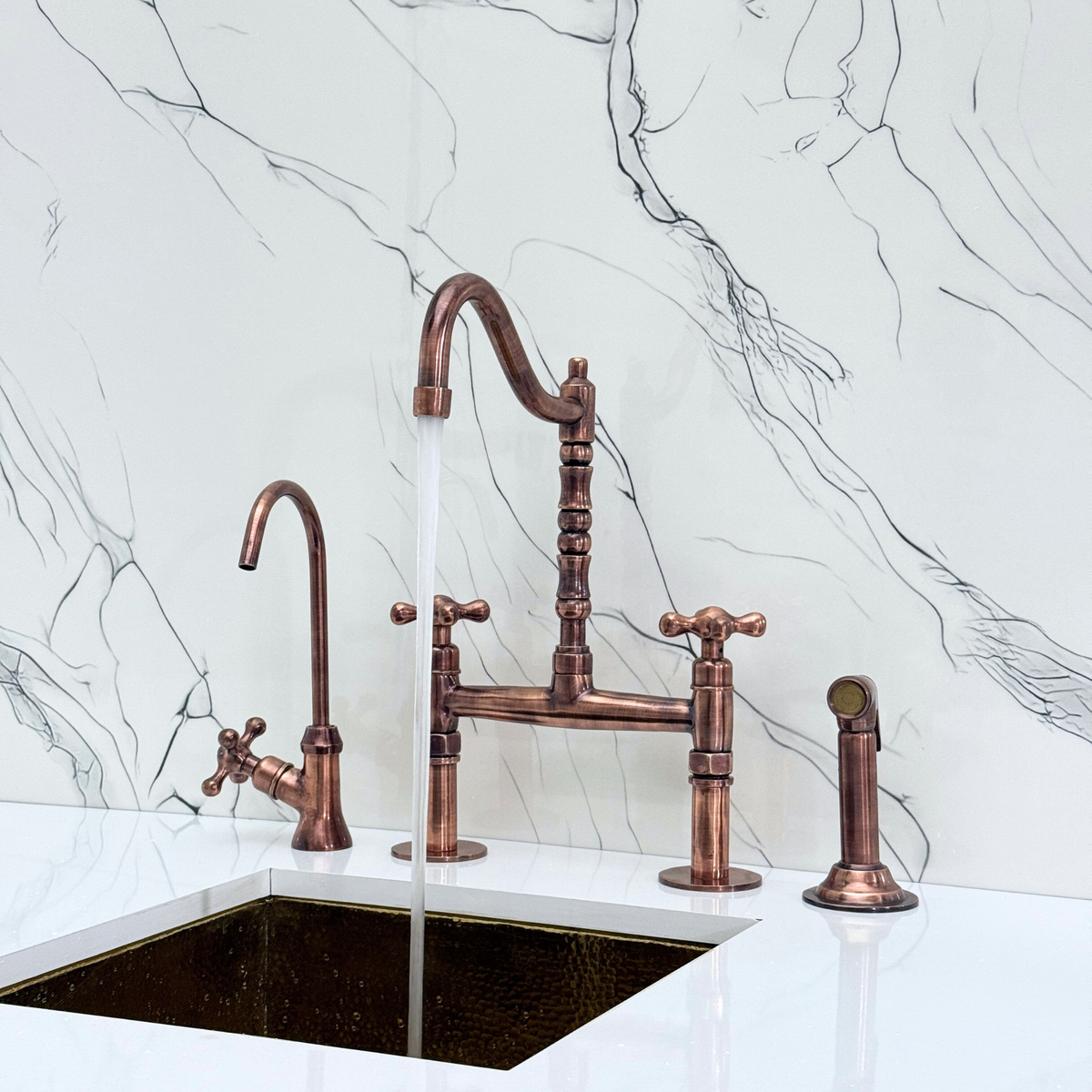 Antique Copper Victorian Bridge Kitchen Faucet with Cross Handles – Kensington – alternate view 2