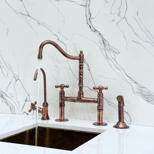 Antique Copper Victorian Bridge Kitchen Faucet with Cross Handles – Kensington – alternate view 3