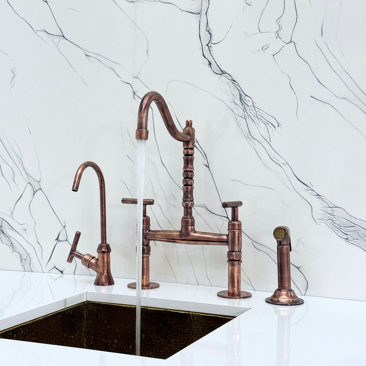 Antique Copper Victorian Bridge Kitchen Faucet with Lever Handles – Kensington – alternate view 5