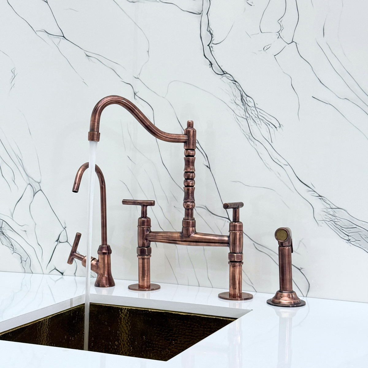 Antique Copper Victorian Bridge Kitchen Faucet with Lever Handles – Kensington – alternate view 6