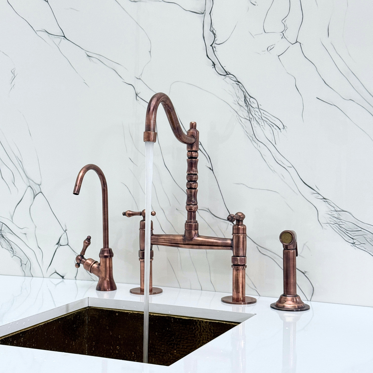 Antique Copper Victorian Bridge Kitchen Faucet with Lever Handles – Kensington – alternate view 2
