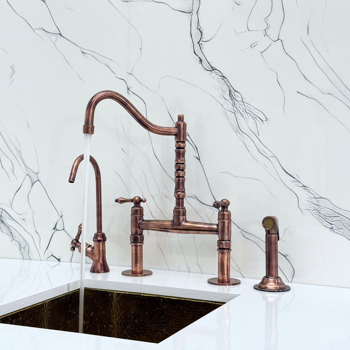 Antique Copper Victorian Bridge Kitchen Faucet with Lever Handles – Kensington – alternate view 3