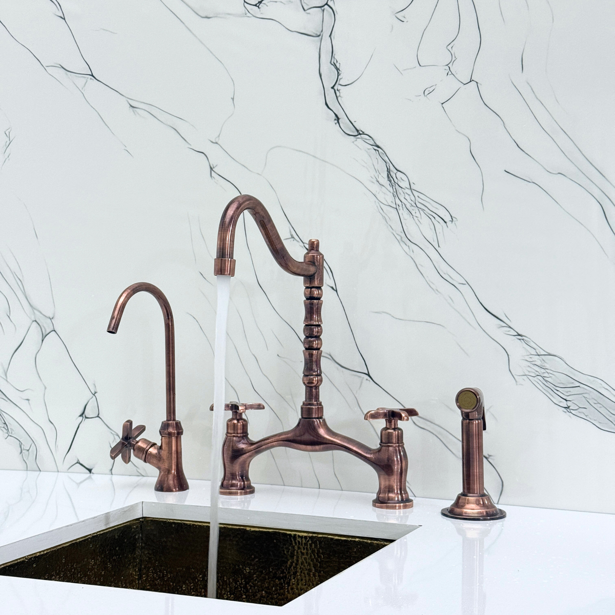 Antique Copper Victorian Bridge Kitchen Faucet with Cross Handles – Somerset – alternate view 5